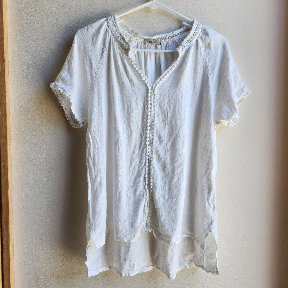 Alessia Pacini White 100% Linen V-Neck Short Sleeve Jersey Size Small